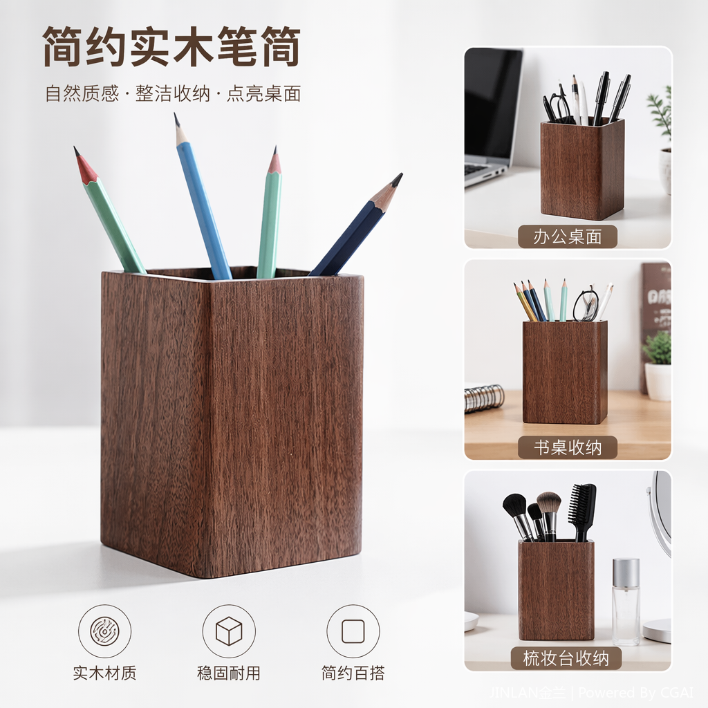 Four colored pencils are inserted into the dark brown wooden pen holder storage box as cartoon cultural and creative desktop stationery