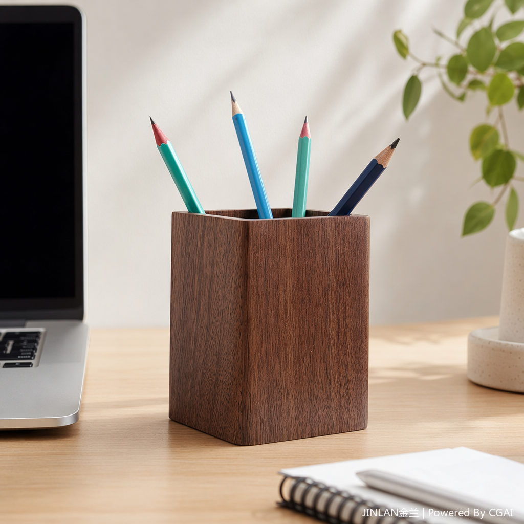 Four colored pencils are inserted into the dark brown wooden pen holder storage box as cartoon cultural and creative desktop stationery details Picture