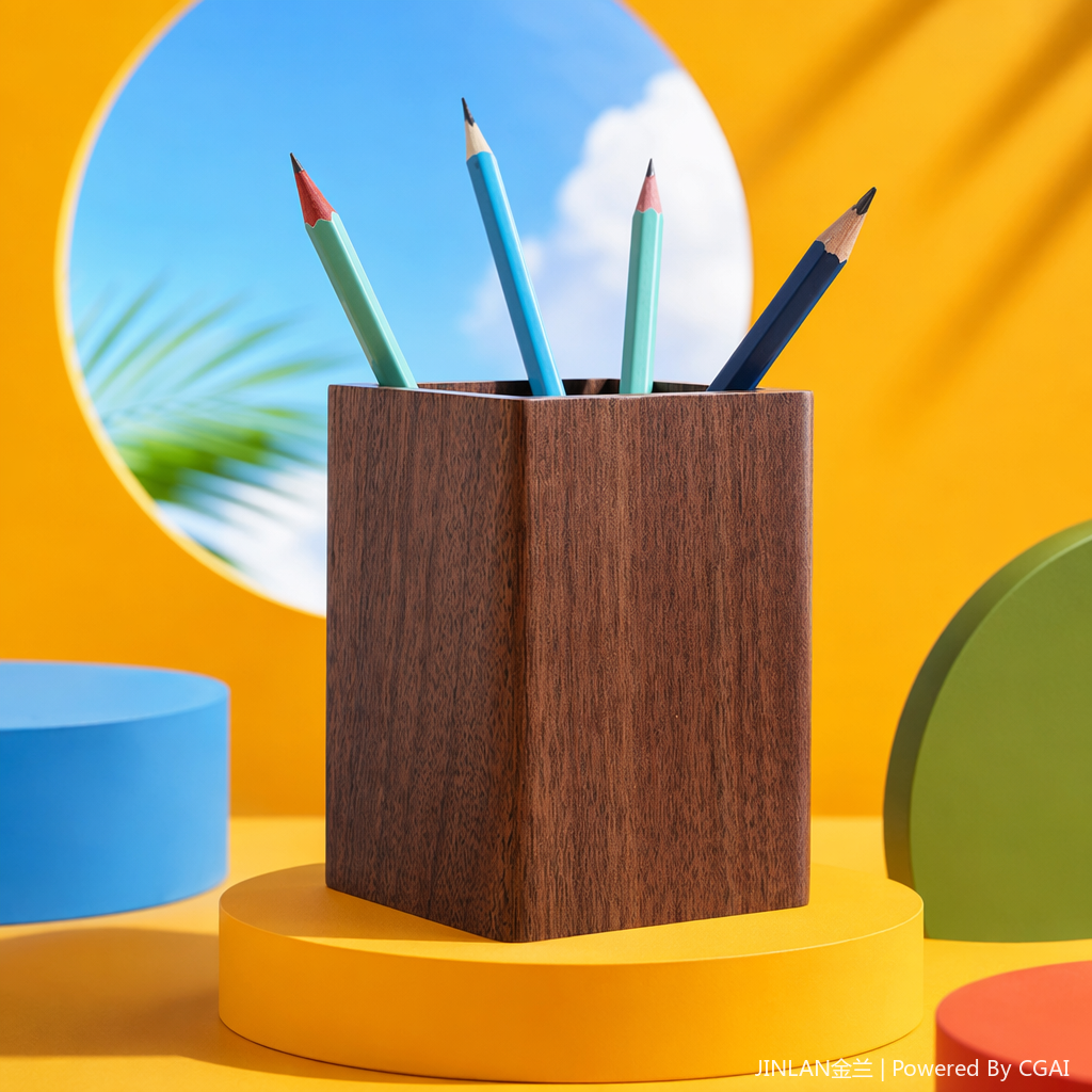 Four colored pencils are inserted into the dark brown wooden pen holder storage box as cartoon cultural and creative desktop stationery Specification image