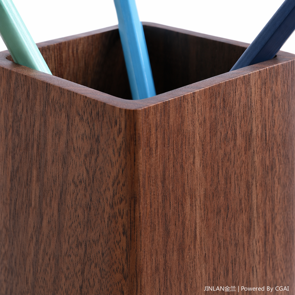 Four colored pencils are inserted into the dark brown wooden pen holder storage box as cartoon cultural and creative desktop stationery Application Scenario
