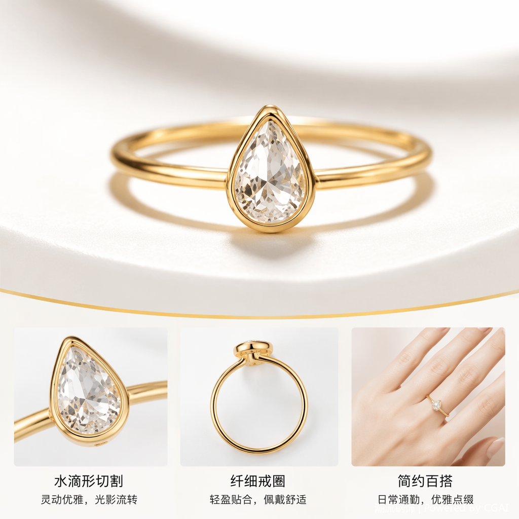 金色不锈钢动物造型水滴形透明天然石女戒