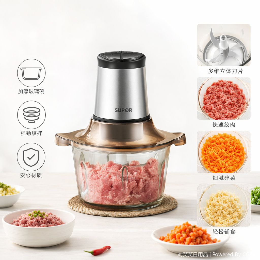 银色机身玻璃碗绞肉搅拌机手动料理压蒜迷你搅拌机