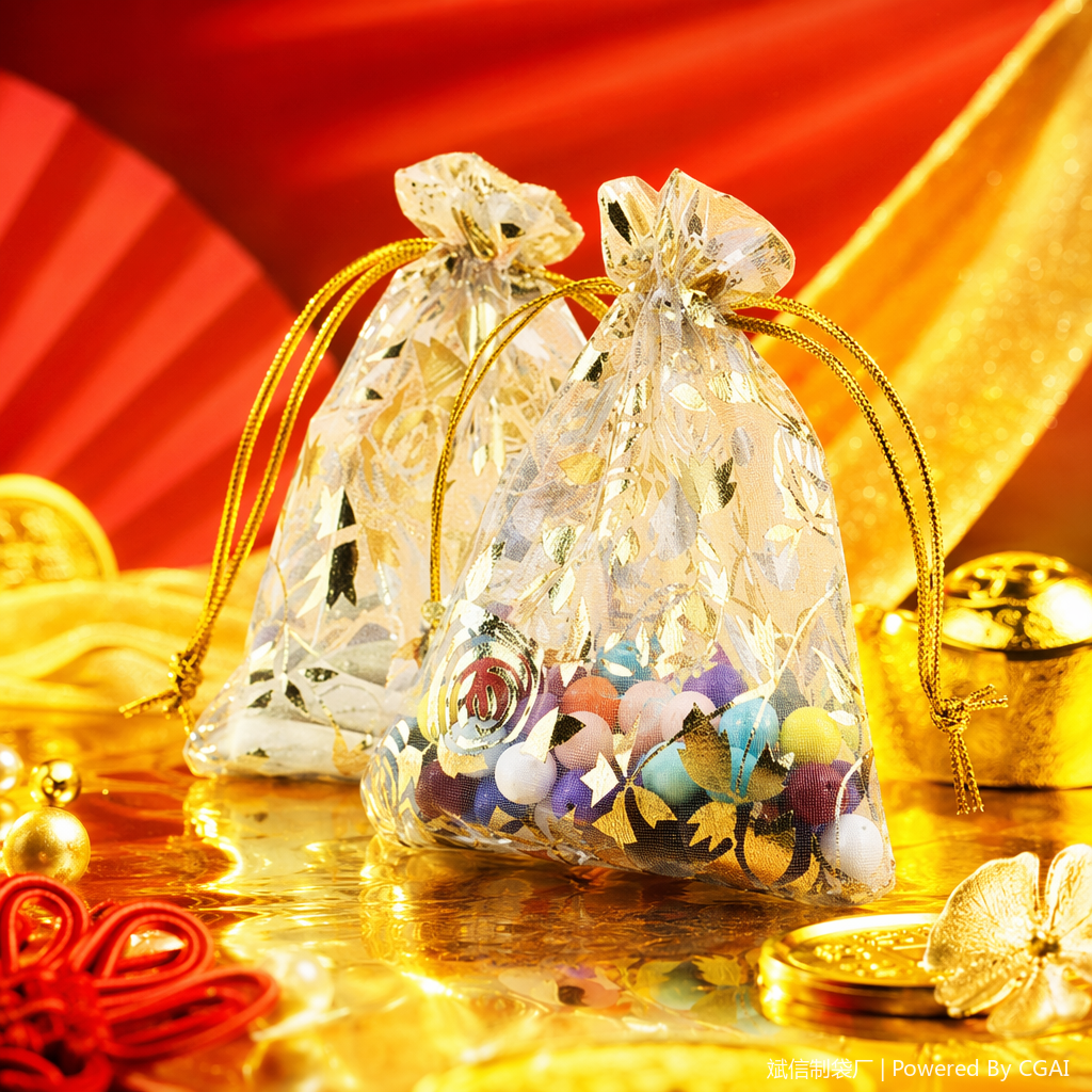 13*18 transparent golden patterned drawstring bag fabric bag Organza bag Specification image