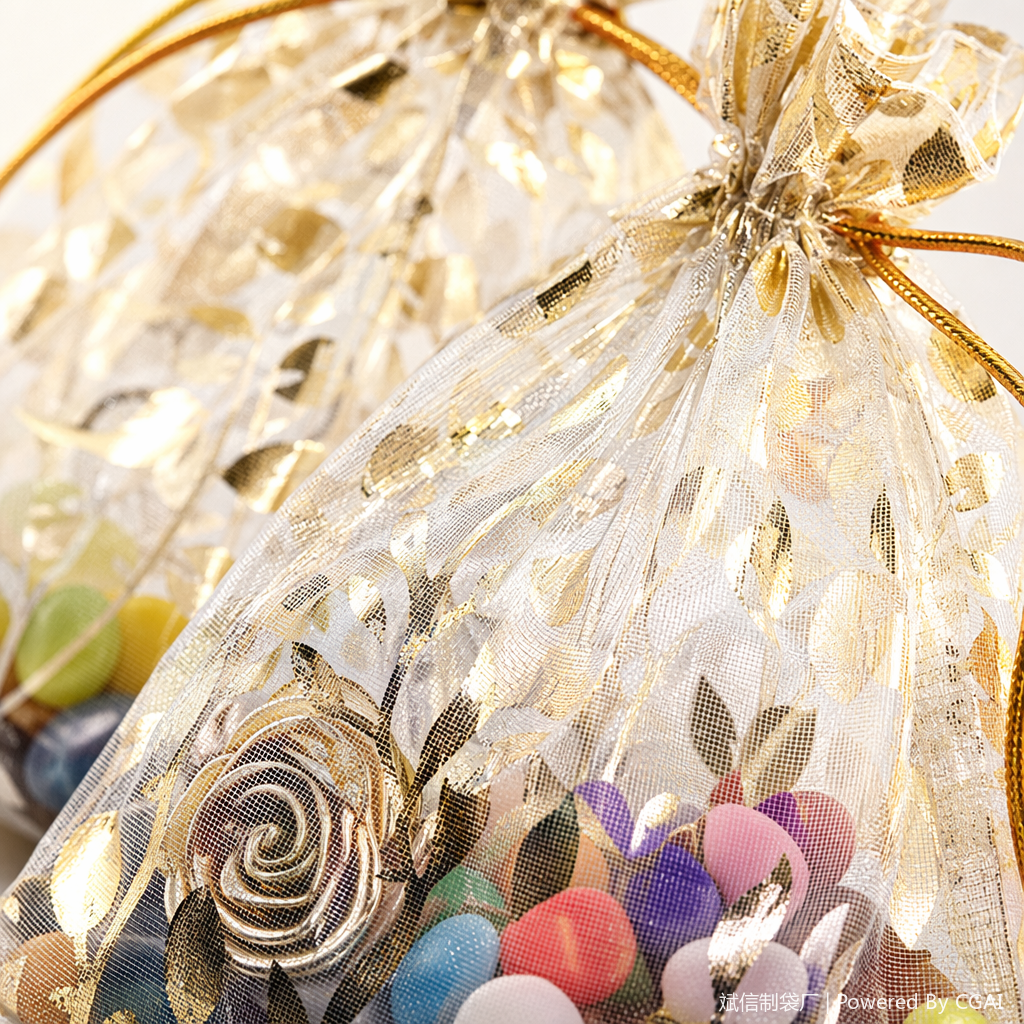 13*18 transparent golden patterned drawstring bag fabric bag Organza bag Application Scenario