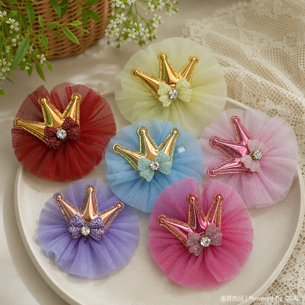 Colorful crown hair clips and hair ties, ladies' Korean-style patchwork silk scarves, hair bands in gold, pink, purple, red, blue, light green, metallic texture mesh, bow, rhinocones details Picture