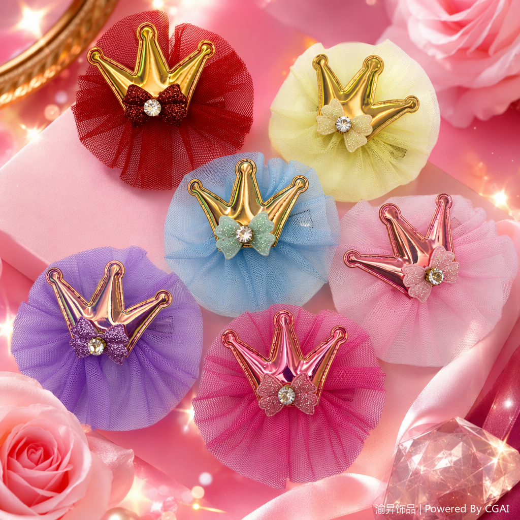 Colorful crown hair clips and hair ties, ladies' Korean-style patchwork silk scarves, hair bands in gold, pink, purple, red, blue, light green, metallic texture mesh, bow, rhinocones Specification image