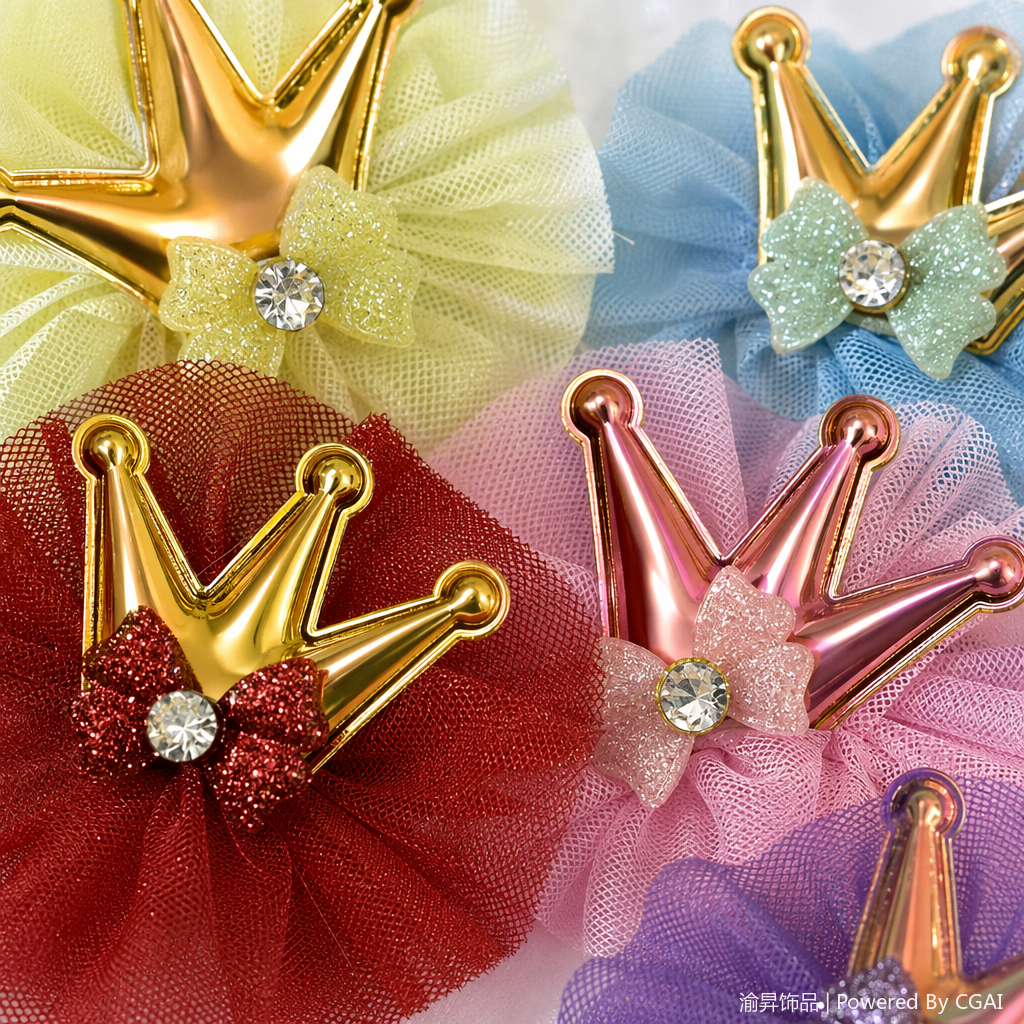 Colorful crown hair clips and hair ties, ladies' Korean-style patchwork silk scarves, hair bands in gold, pink, purple, red, blue, light green, metallic texture mesh, bow, rhinocones Application Scenario