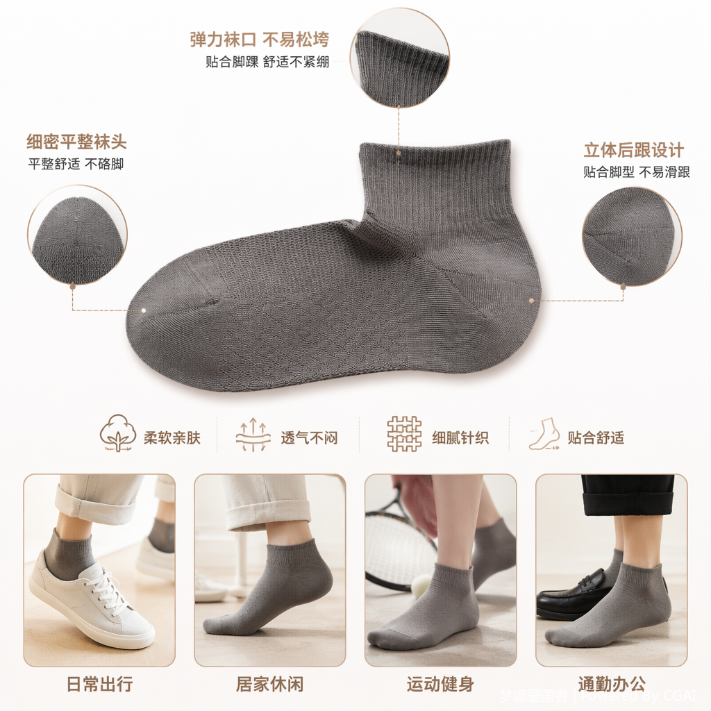 船袜隐形设计灰色棉质短袜男女通用春夏透气一次性袜