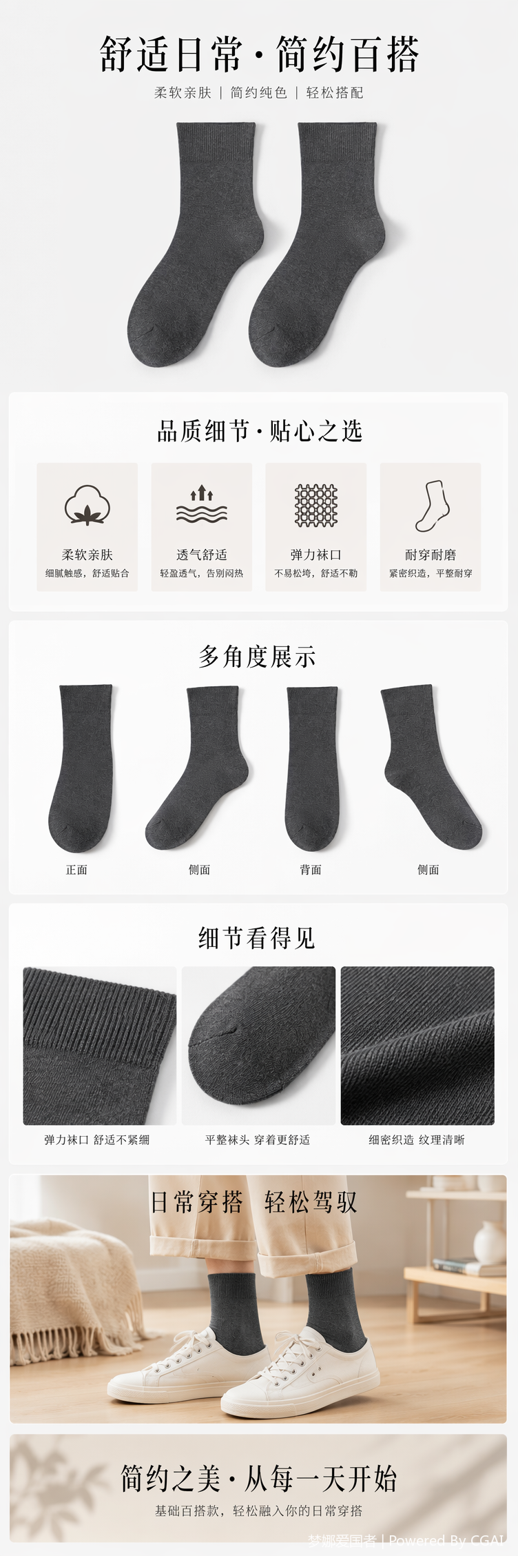 深灰色男女运动休闲棉袜长款潮流袜子 pic 1