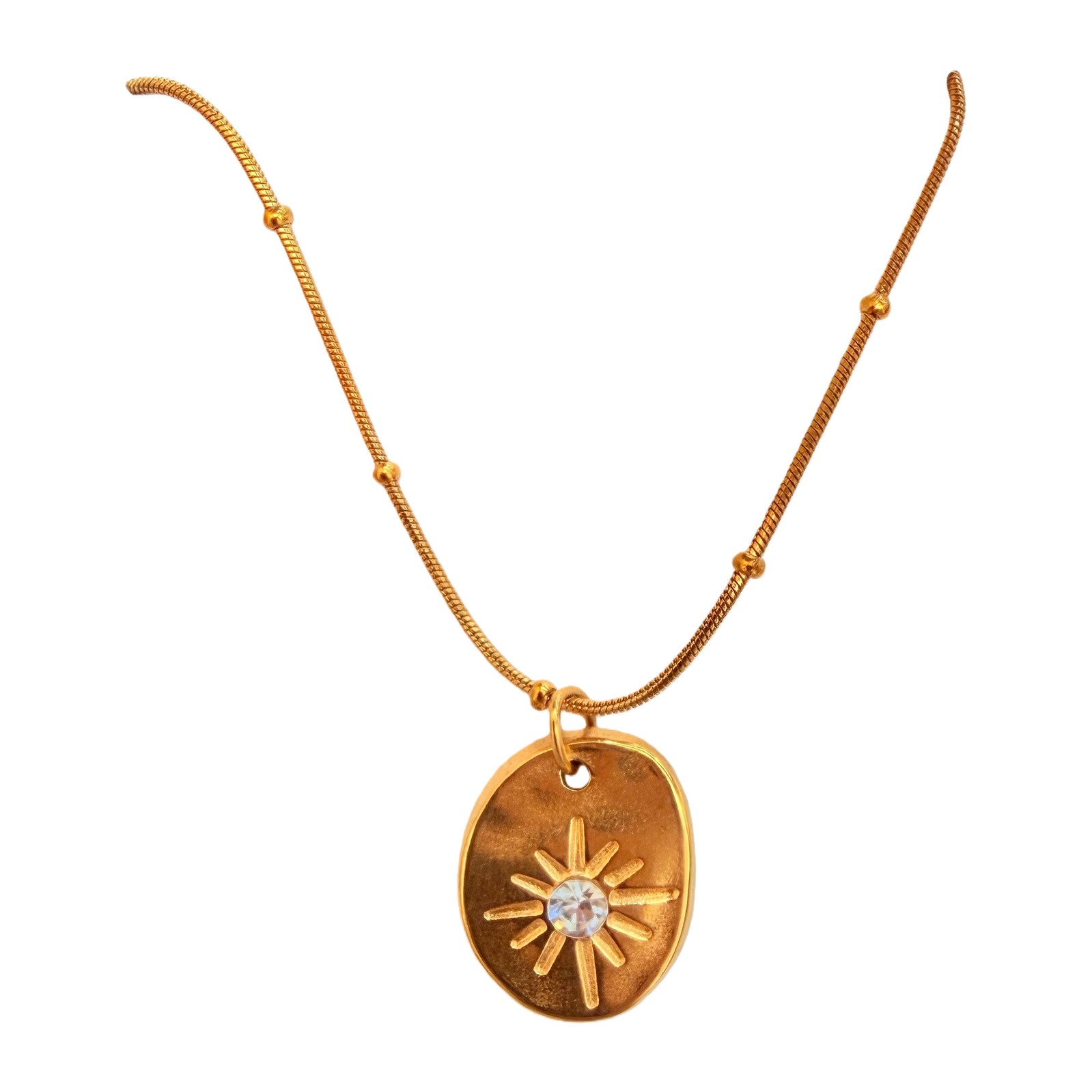 Irregular oval embossed sun pattern pendant, stainless steel snake bone chain, light luxury commuting outfit, simple Korean style, high-end collarbone neck accessory Item Picture