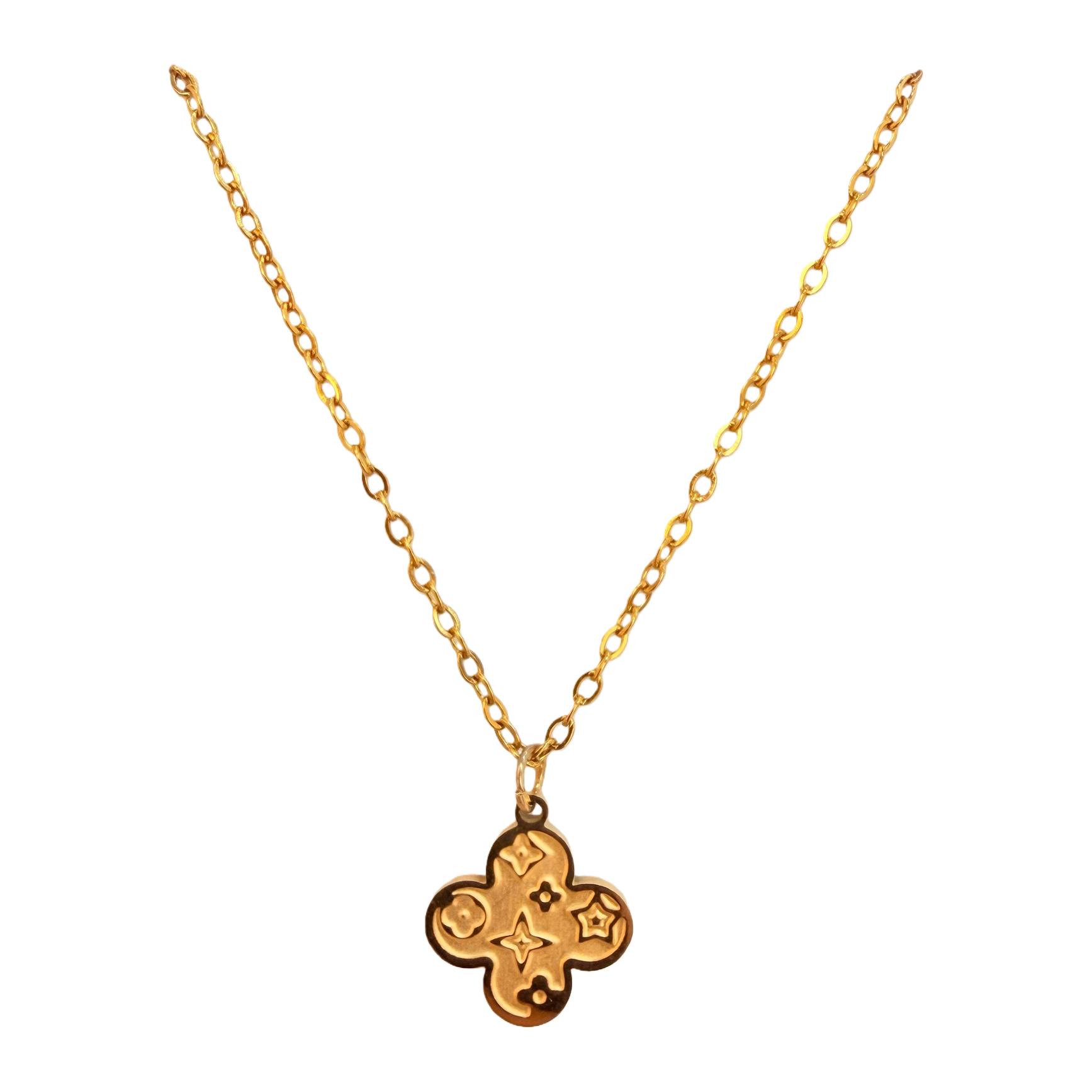 The embossed pattern four-leaf clover stainless steel necklace exudes a sense of high-end sophistication, a light mature style, and a touch of light luxury. It is an exquisite collarbone necklace with a daily atmosphere Item Picture
