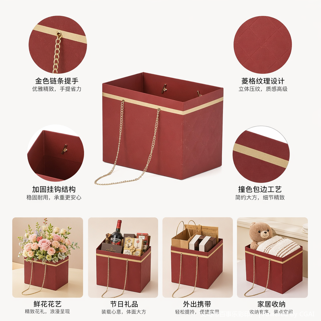 链条插花盒装饰花桶镜面球仿真花塑料收纳套装透明桶钩织玉兰花