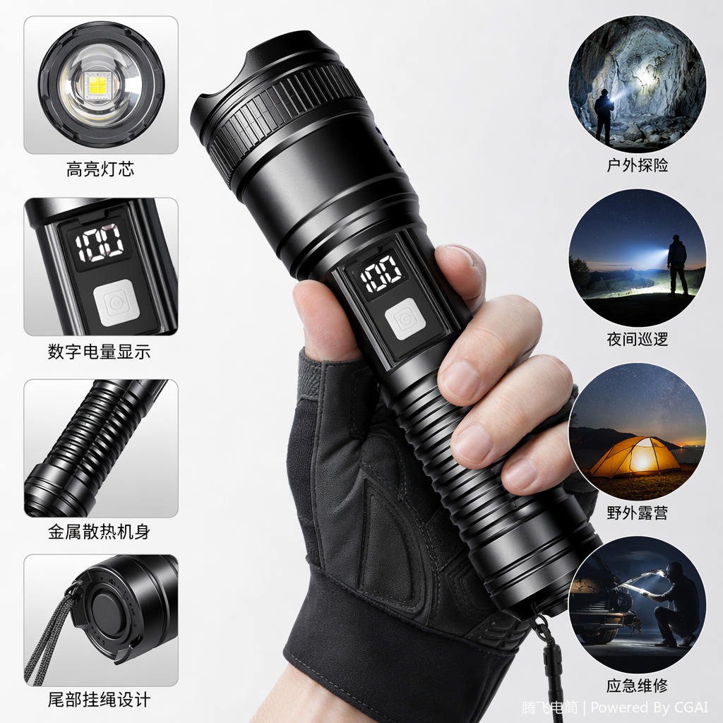 LED防爆黑色激光文玩手电筒圆锥合金头灯