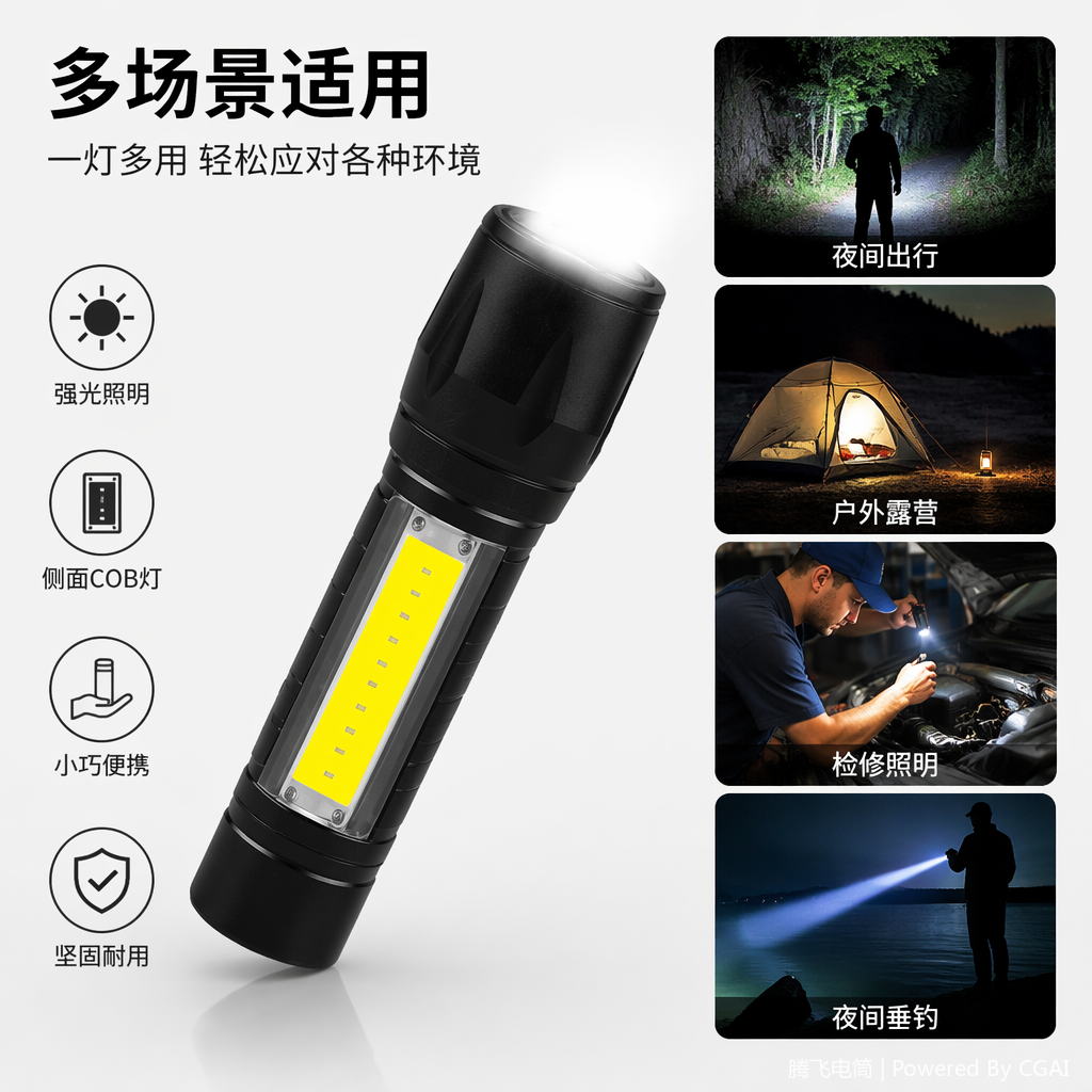 康铭黑色高亮手电筒学生户外露营专用强光便携式