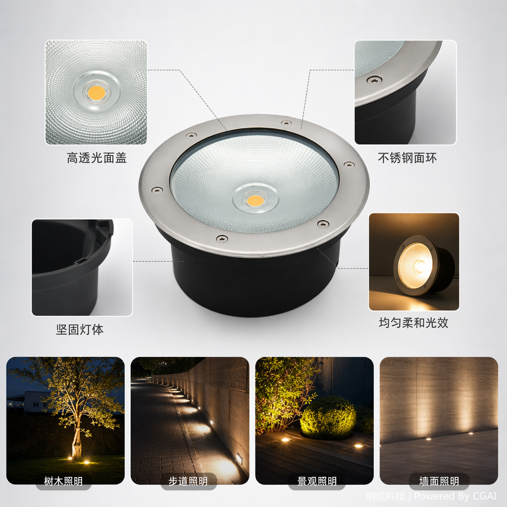 银色金属边框黑色底座嵌入式LED地脚灯台阶灯墙脚灯
