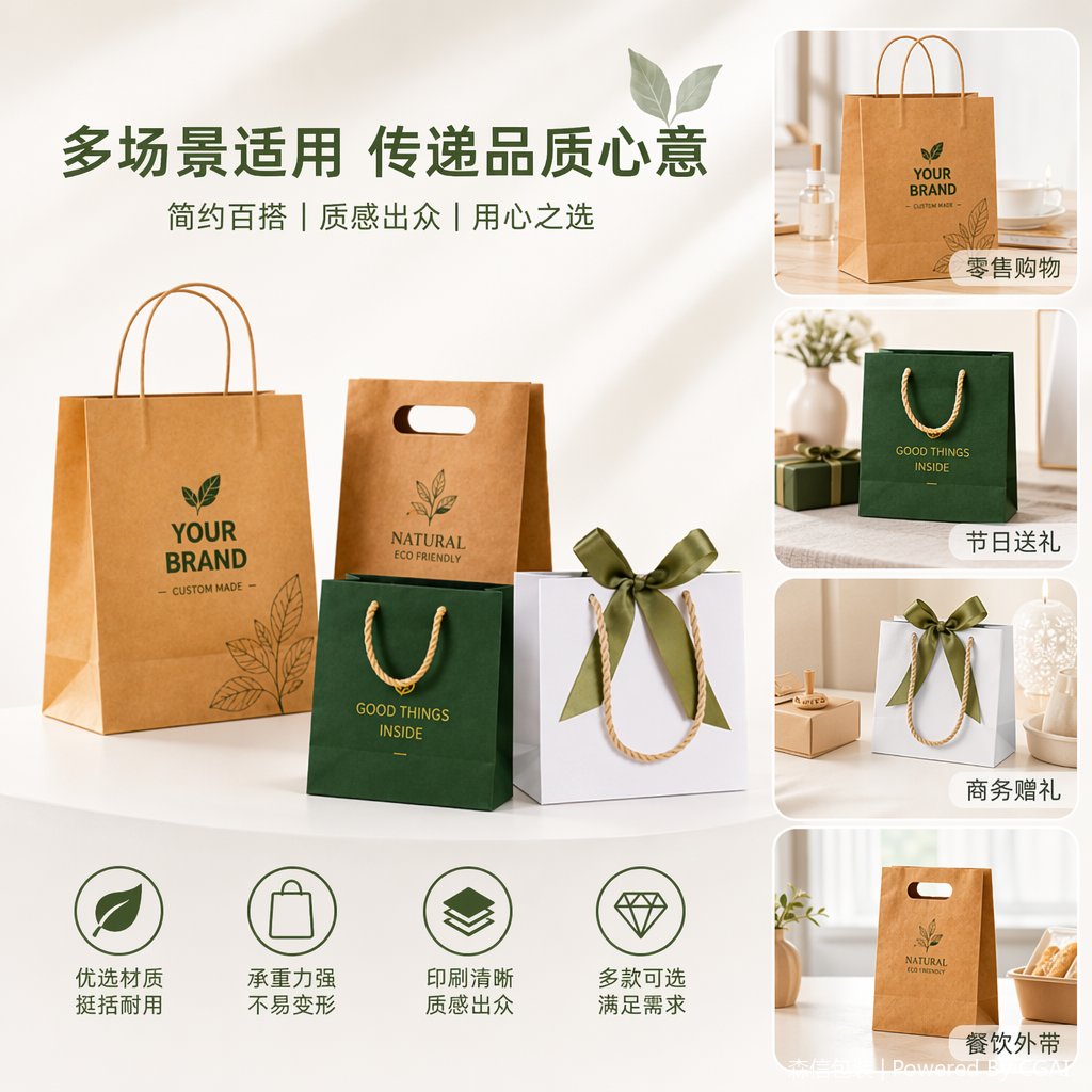 棕色绿色白色纸袋 其他纸类包装容器 多色可选环保材质