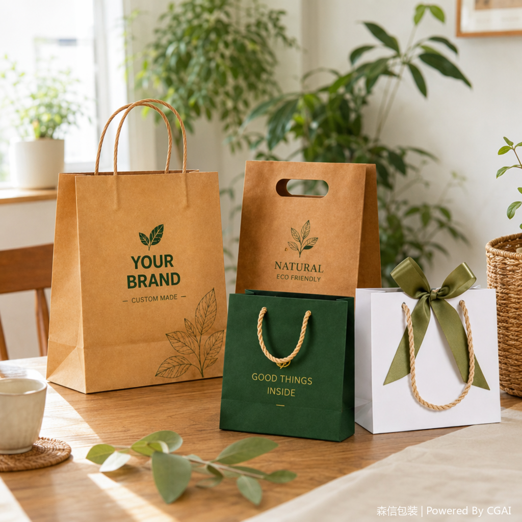 Brown, green, white paper bags and other paper packaging containers are available in multiple colors and made of eco-friendly materials details Picture