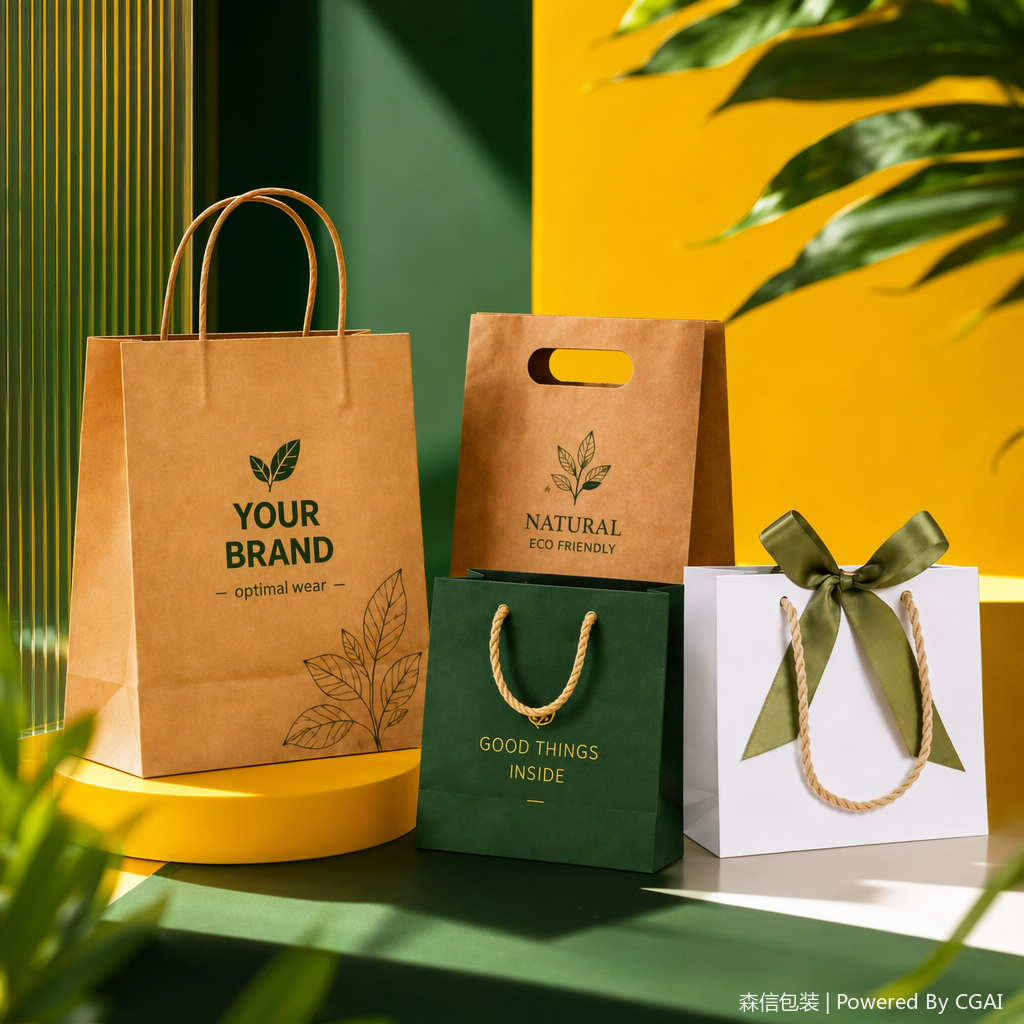 Brown, green, white paper bags and other paper packaging containers are available in multiple colors and made of eco-friendly materials Specification image