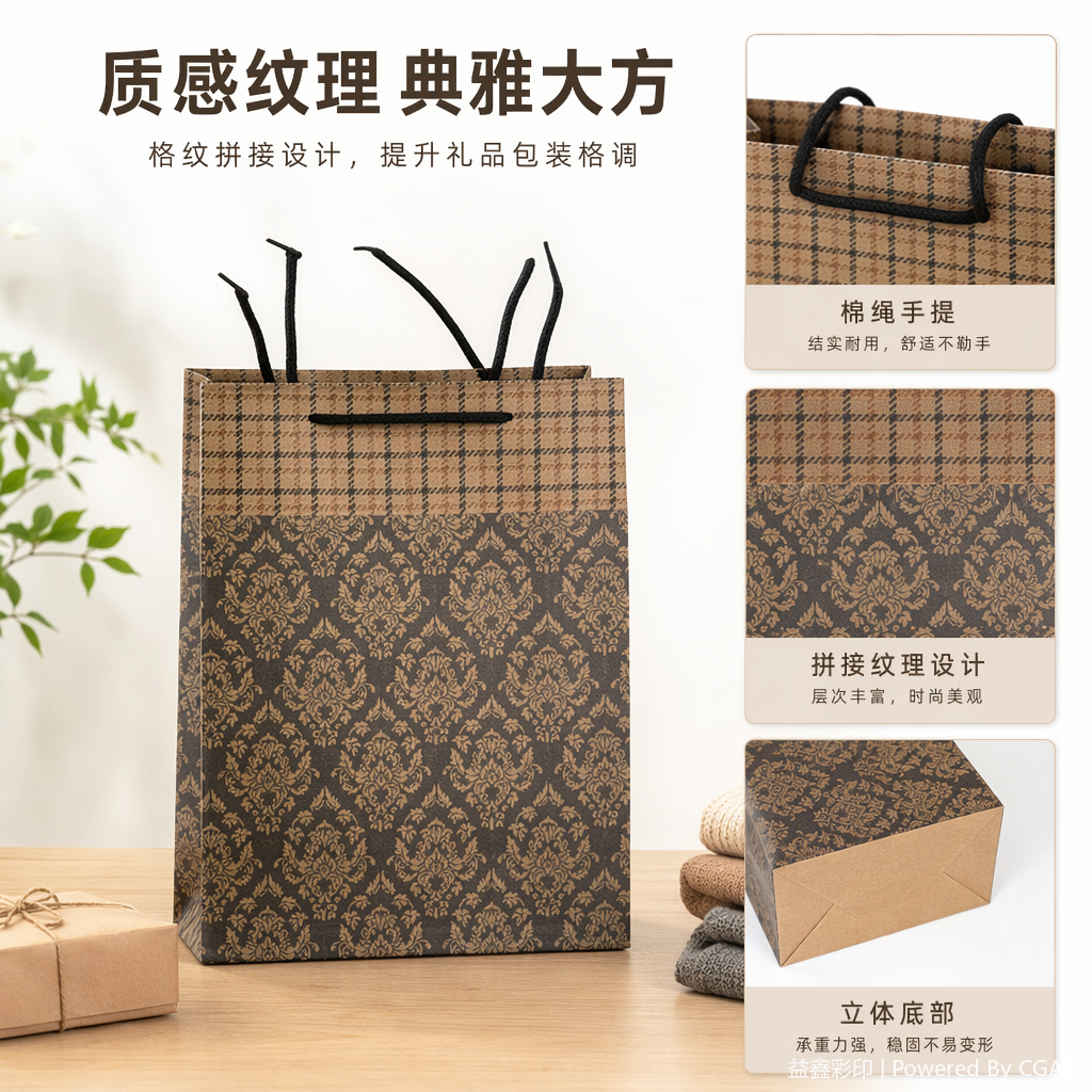 格纹与花纹拼接牛皮纸袋手提外卖袋圣诞礼品袋定制