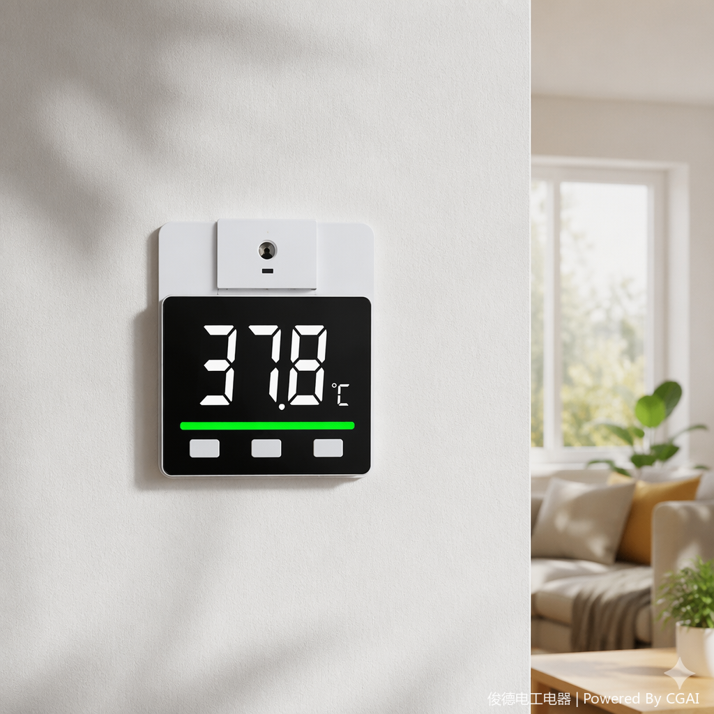 A household glass digital thermometer with a black screen and white casing details Picture
