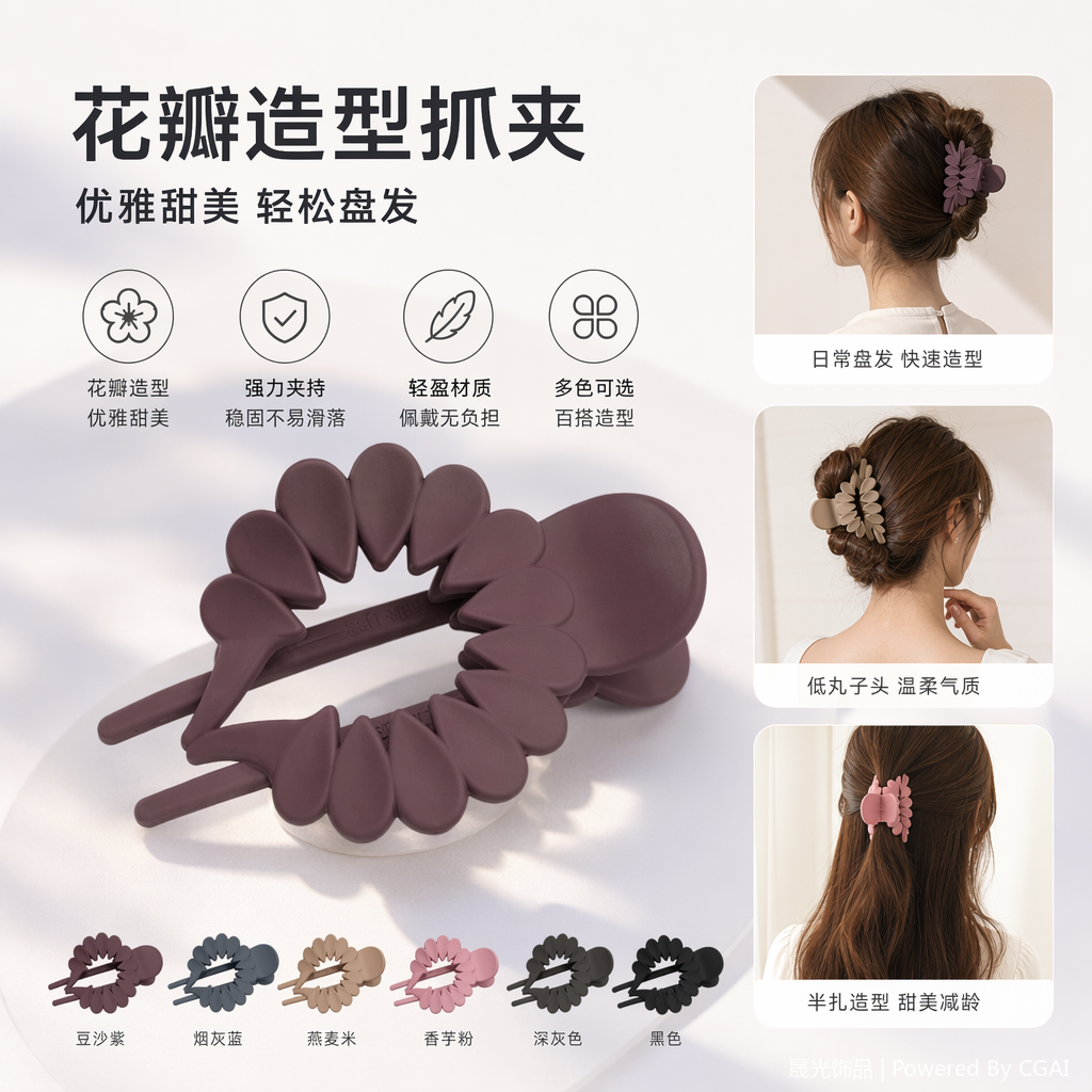 粉色灰色黑色深棕色米色深灰褐色花朵造型发夹鲨鱼夹抓夹发饰