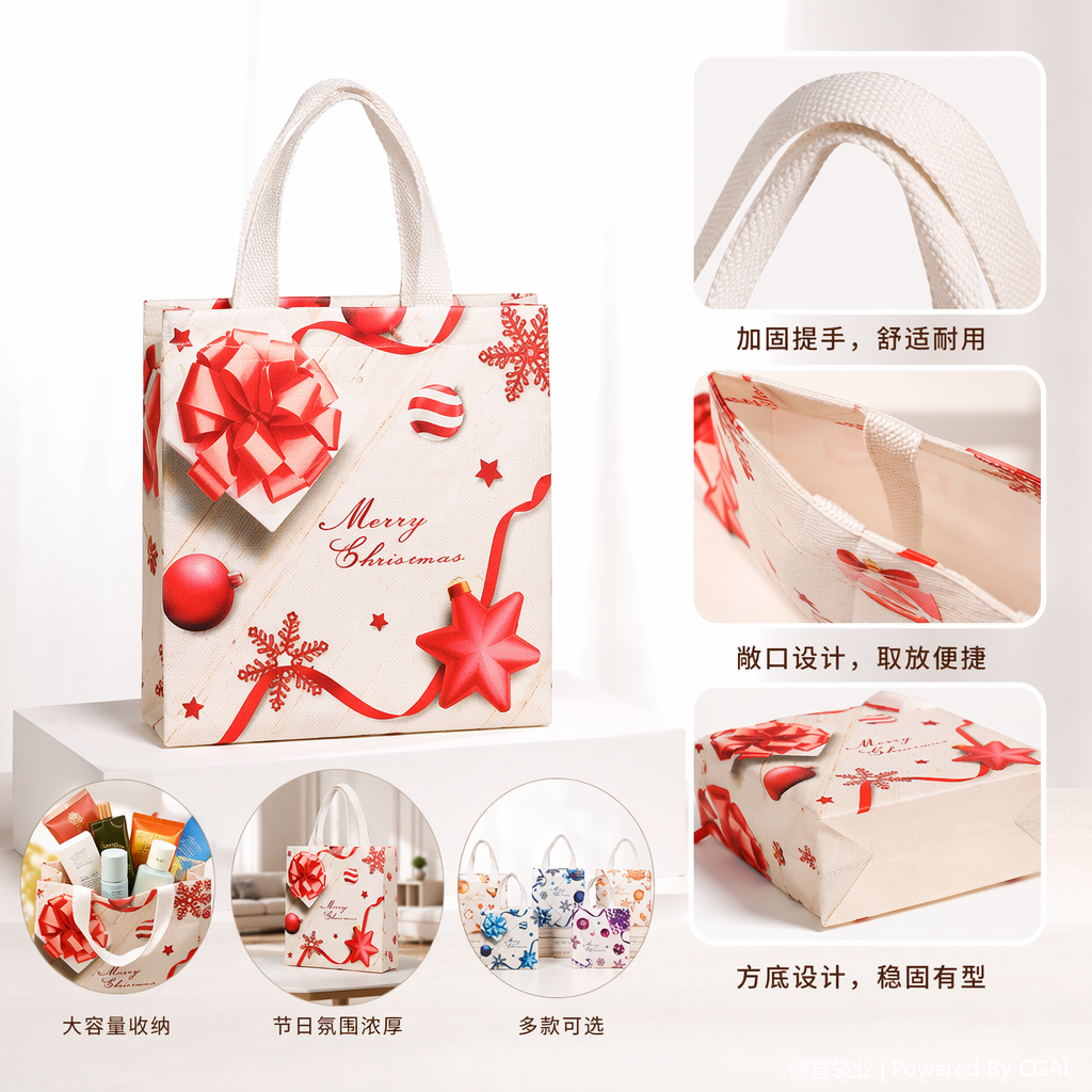 White Christmas tote bag with Christmas hat, flower ring, pendant, ball decoration and non-woven fabric bag