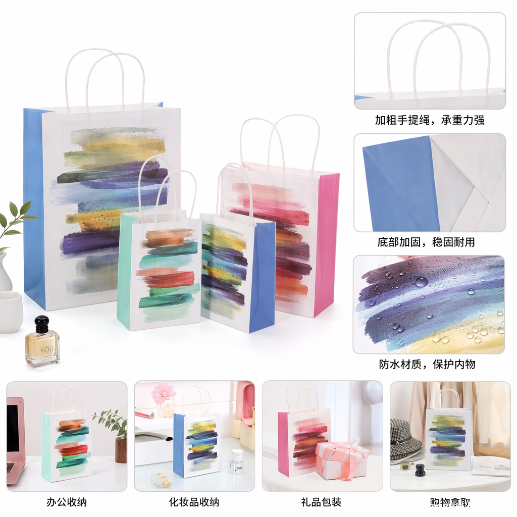 彩色水彩画图案手提袋 礼品包装节日礼品包装纸