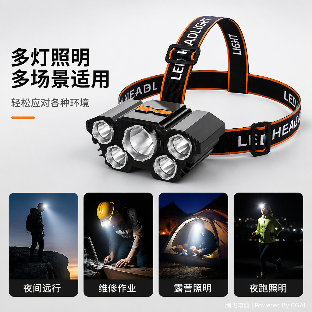 LED防爆头灯黑色文玩手电多LED灯珠橙黑相间头带圆锥合金