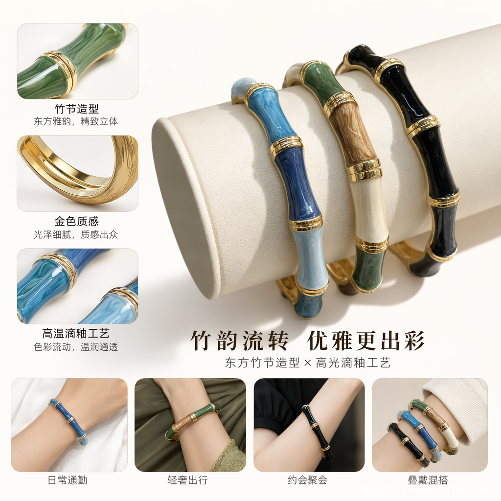 彩色竹节造型沙金白铜镀银蛇形锌合金手镯