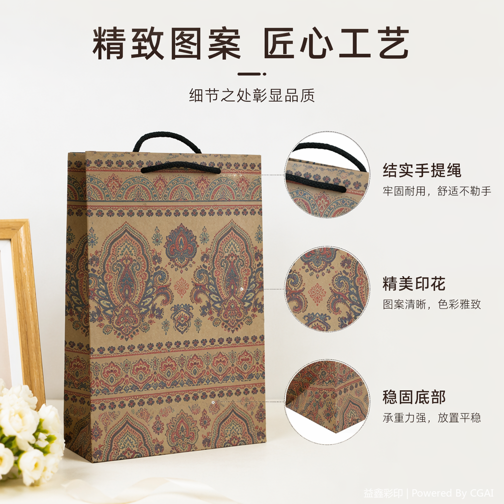 彩色花纹手提外卖牛皮纸袋圣诞礼品袋定制