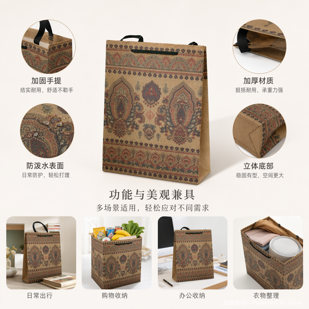 圣诞限定彩色花纹手提牛皮纸袋外卖礼品定制