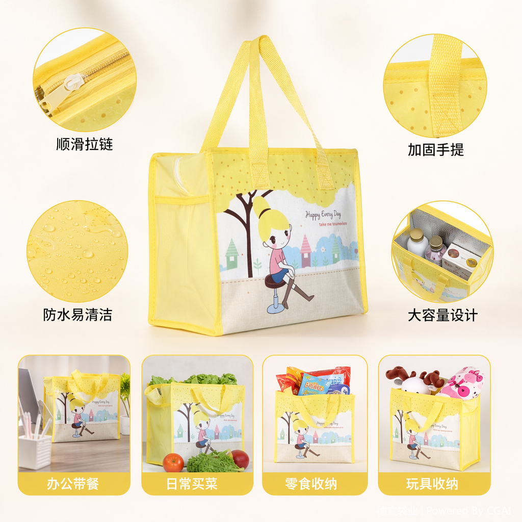 Yellow handbag, cartoon girl, colorful house under the tree, simple, fashionable and eco-friendly shopping bag