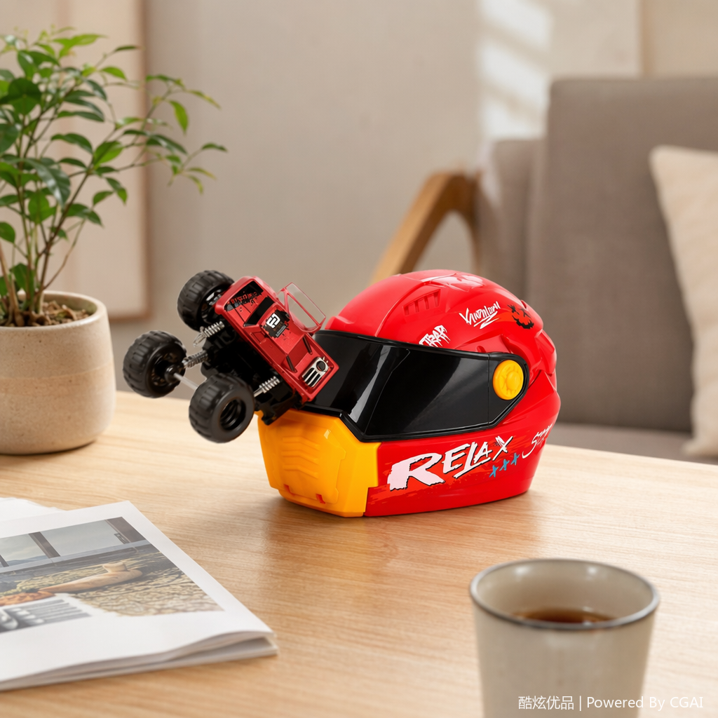 A red helmet-shaped ejection vehicle in the yellow packaging box of the induction luminous universal electronic toy details Picture