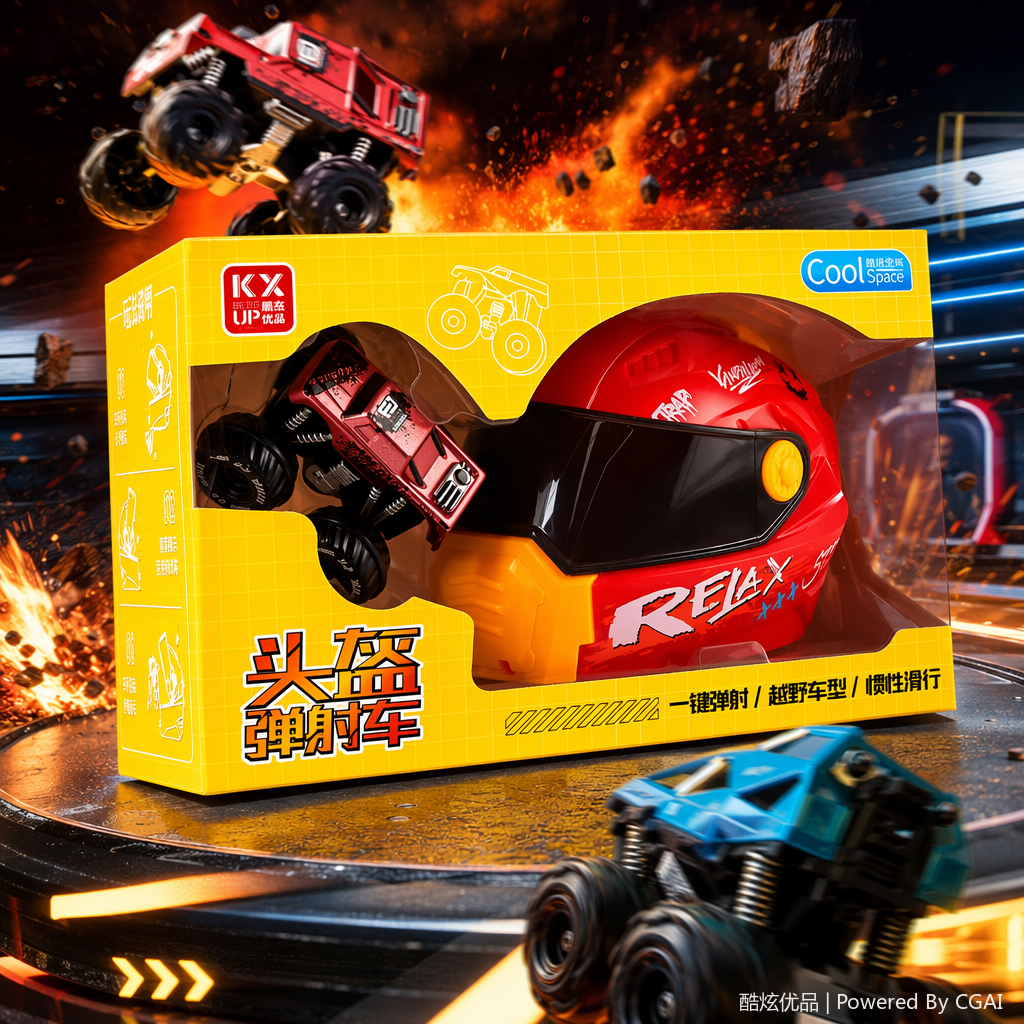 A red helmet-shaped ejection vehicle in the yellow packaging box of the induction luminous universal electronic toy Specification image