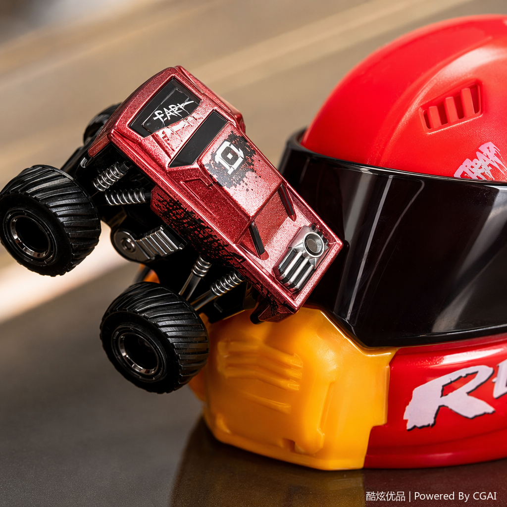 A red helmet-shaped ejection vehicle in the yellow packaging box of the induction luminous universal electronic toy Application Scenario