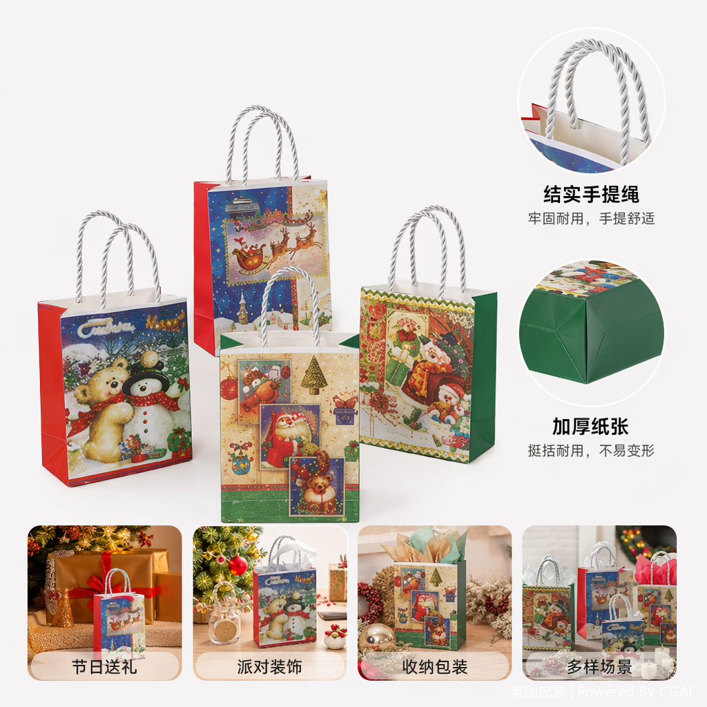 彩色圣诞主题礼品包装纸袋 跑步灯节日手提外卖袋纸制礼盒