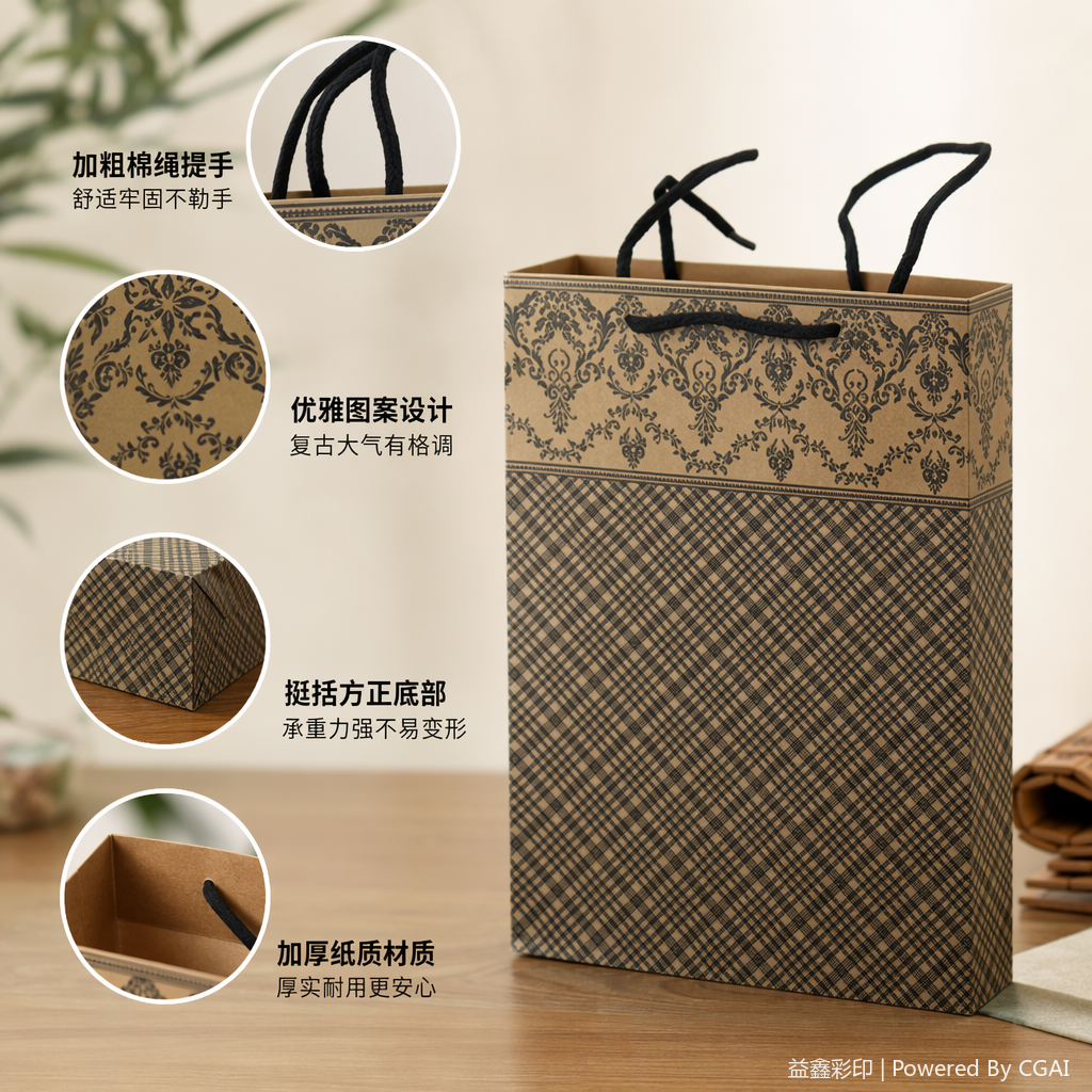 PE材质棕色花纹手提袋礼品包装袋生日派对适用