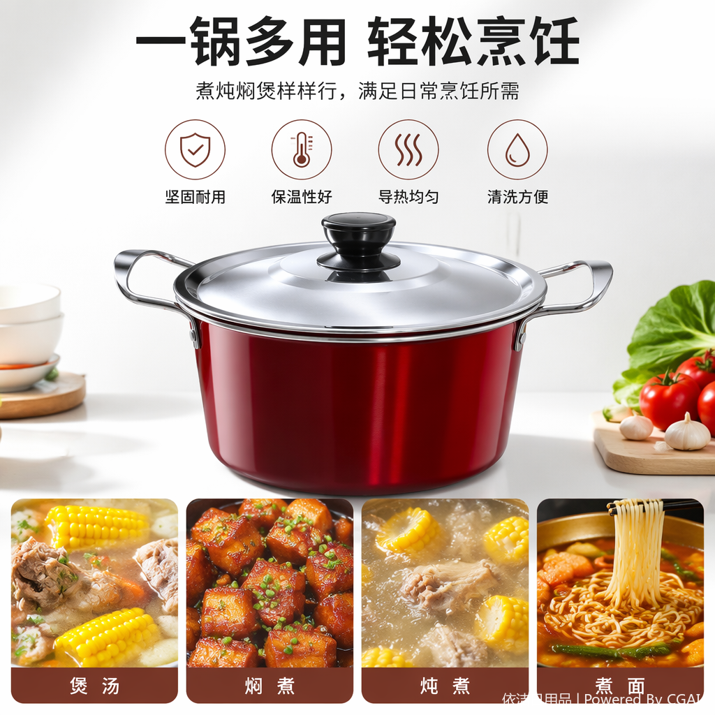 Red cookware with silver LIDS, household woks, frying pans, stew POTS, stainless steel kitchenware