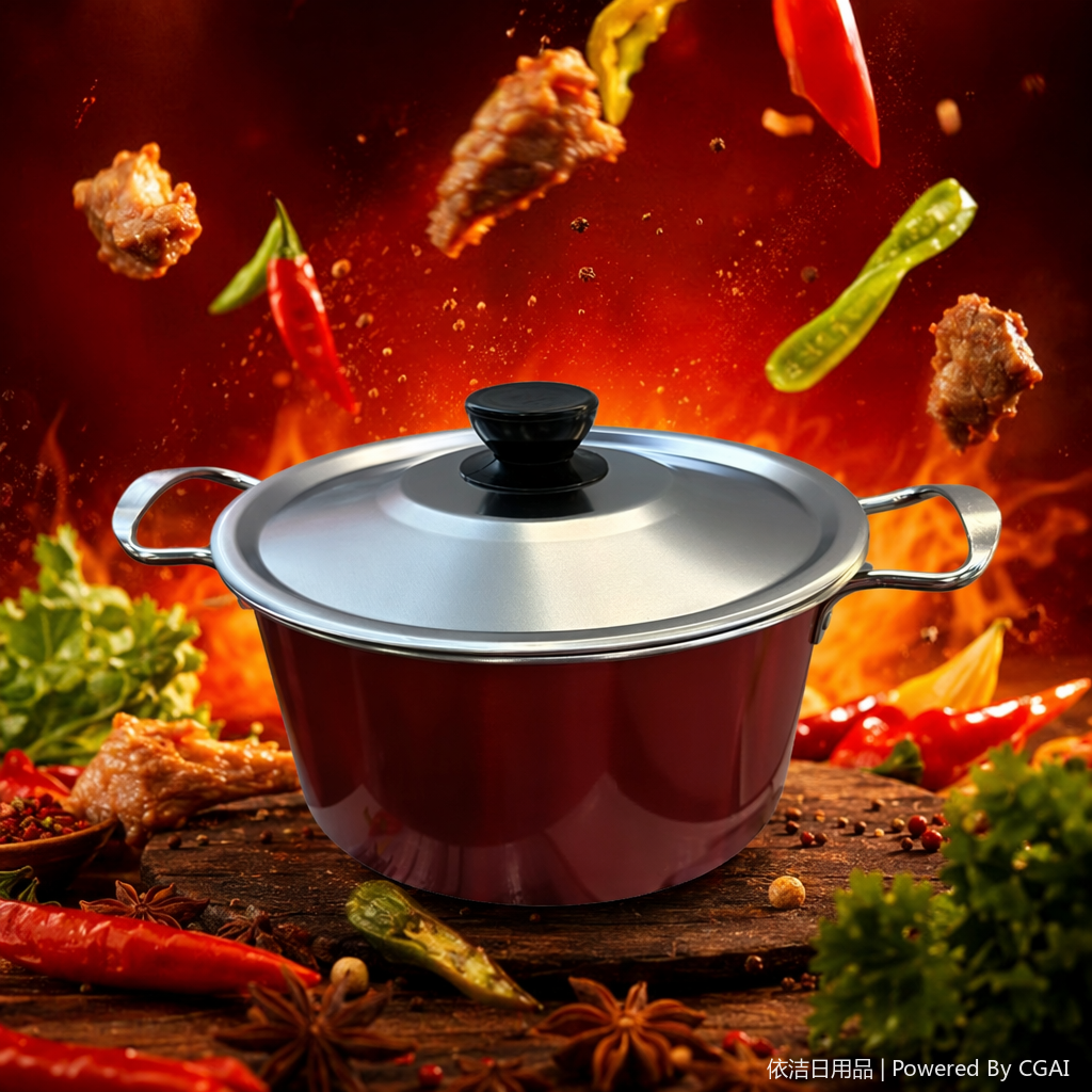 Red cookware with silver LIDS, household woks, frying pans, stew POTS, stainless steel kitchenware details Picture