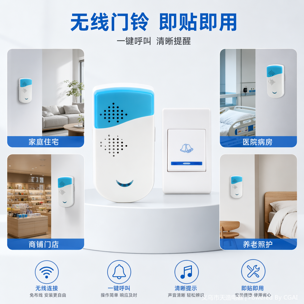 蓝白无线可视门铃 白色按钮面板 数码电子一键呼叫器 老人紧急呼叫