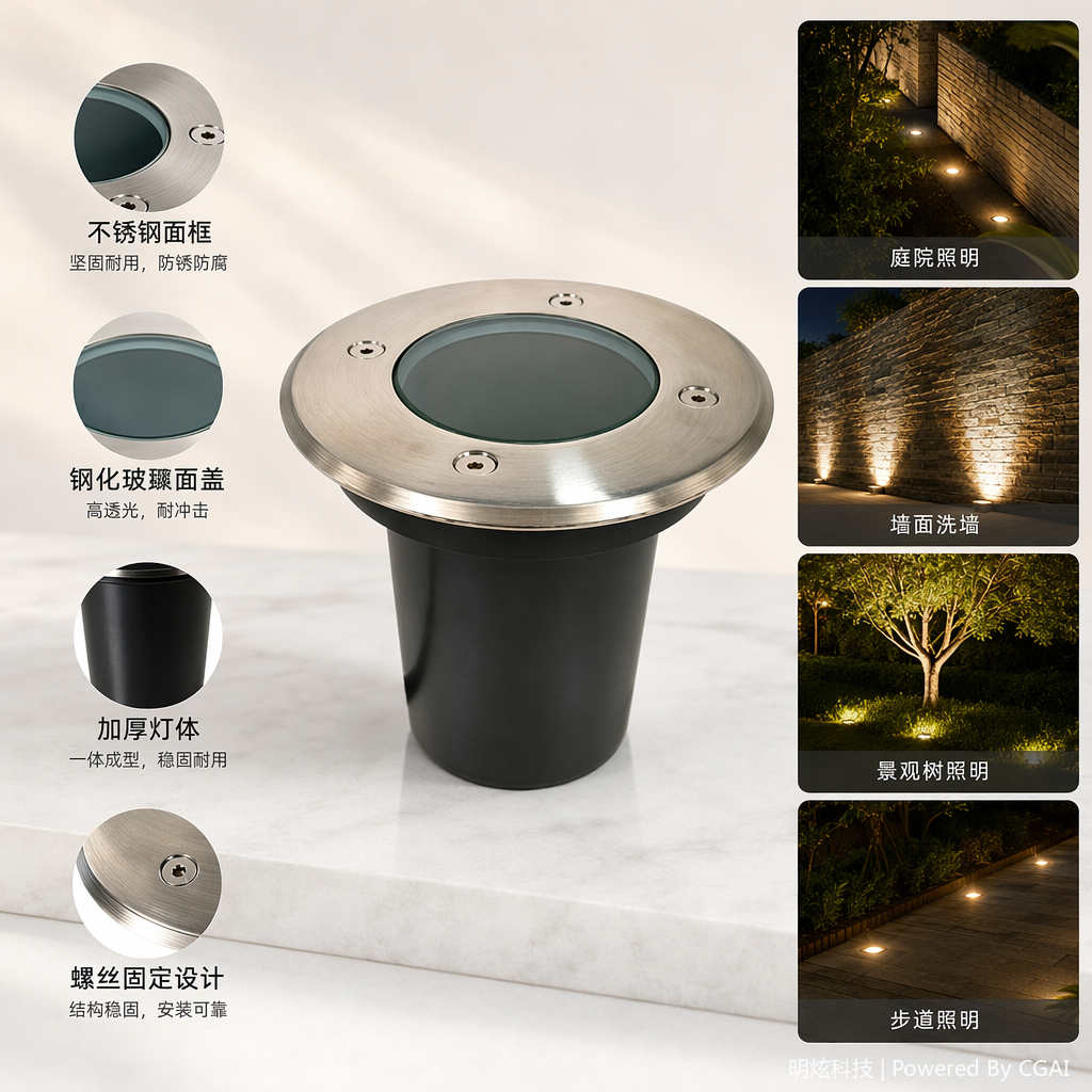 银色金属圆形地脚灯墙脚灯台阶灯灯具