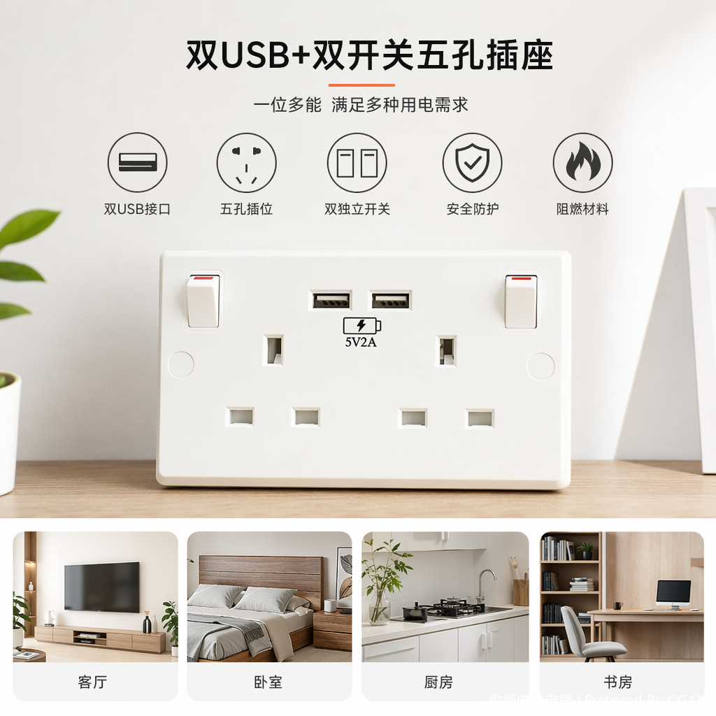 公牛正品白色双孔USB插座排插带保护罩不带线