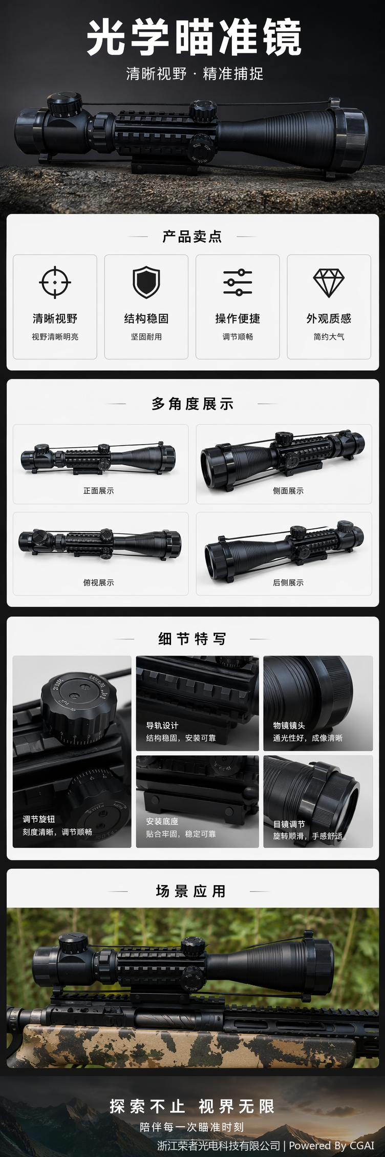 自由虎黑色红点瞄准镜 防水防雾 适配战术导轨 全金属材质 全息红点户外射击配件 可变倍 4-12X50 EGC详情5