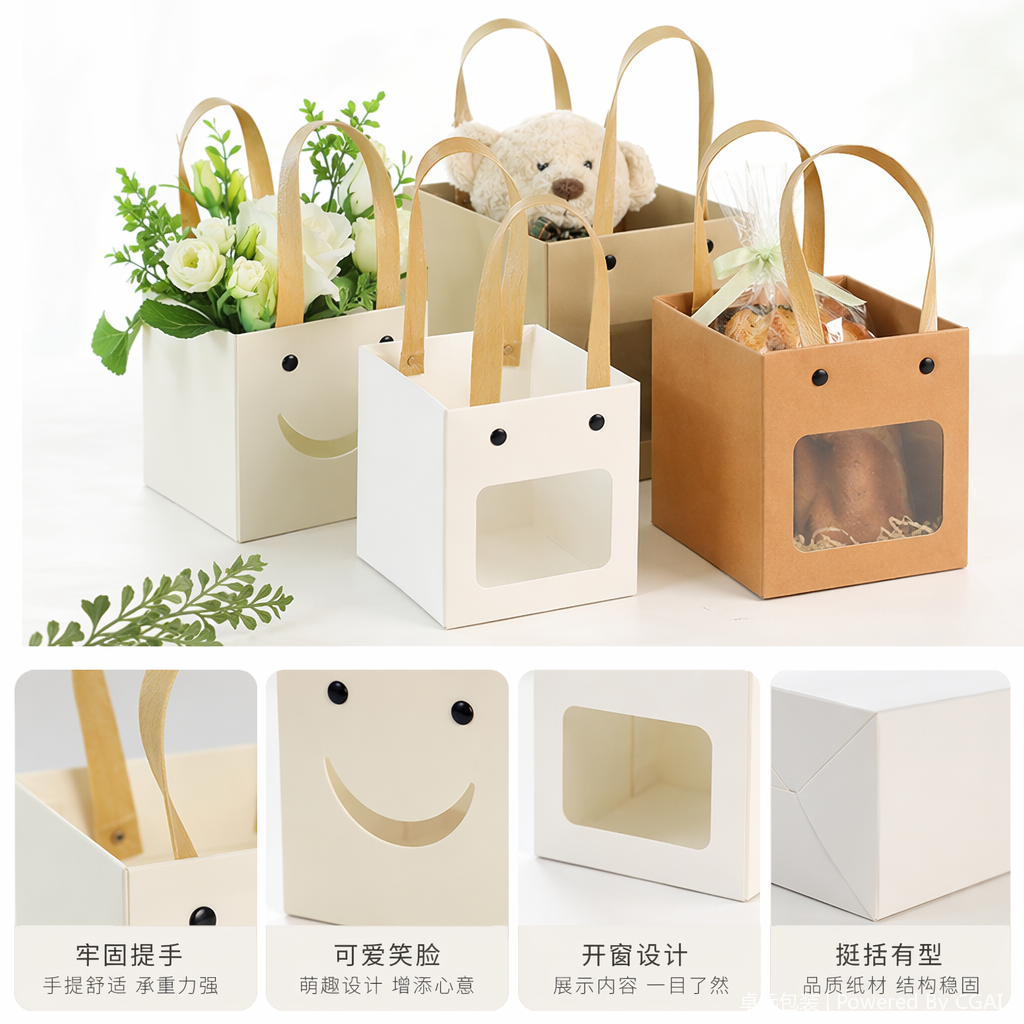 白色纸袋杯纸带笑脸提手环保食品级纸袋