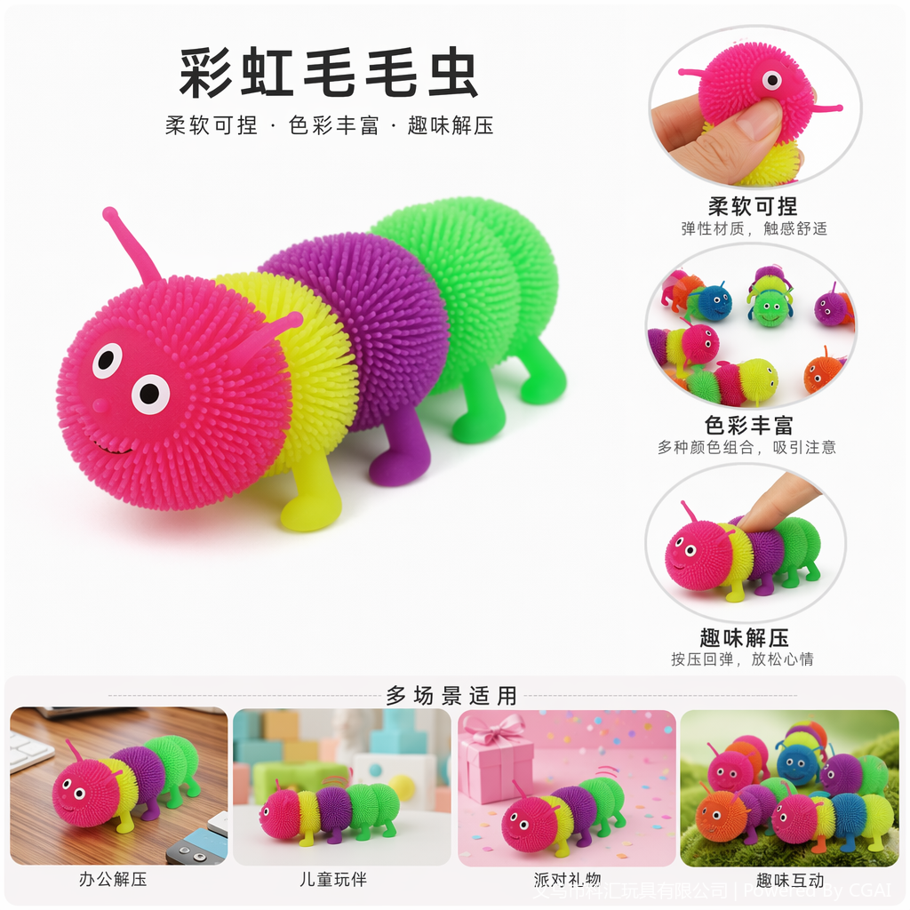 TPR colorful caterpillar flashing doll releases snowflake balls for stress relief Specification image