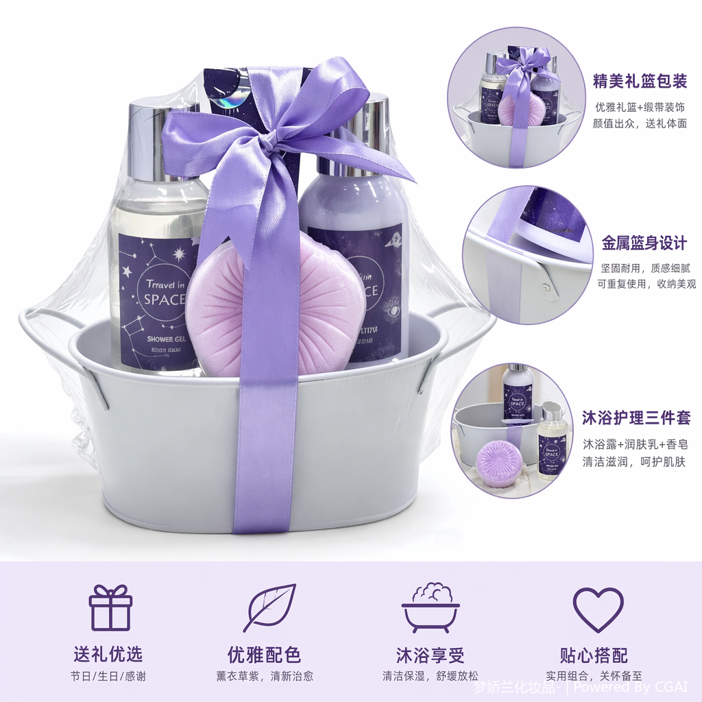 Starry Sky theme bath and body care set, including explosive salt body wash and body lotion, in a metal storage box details Picture