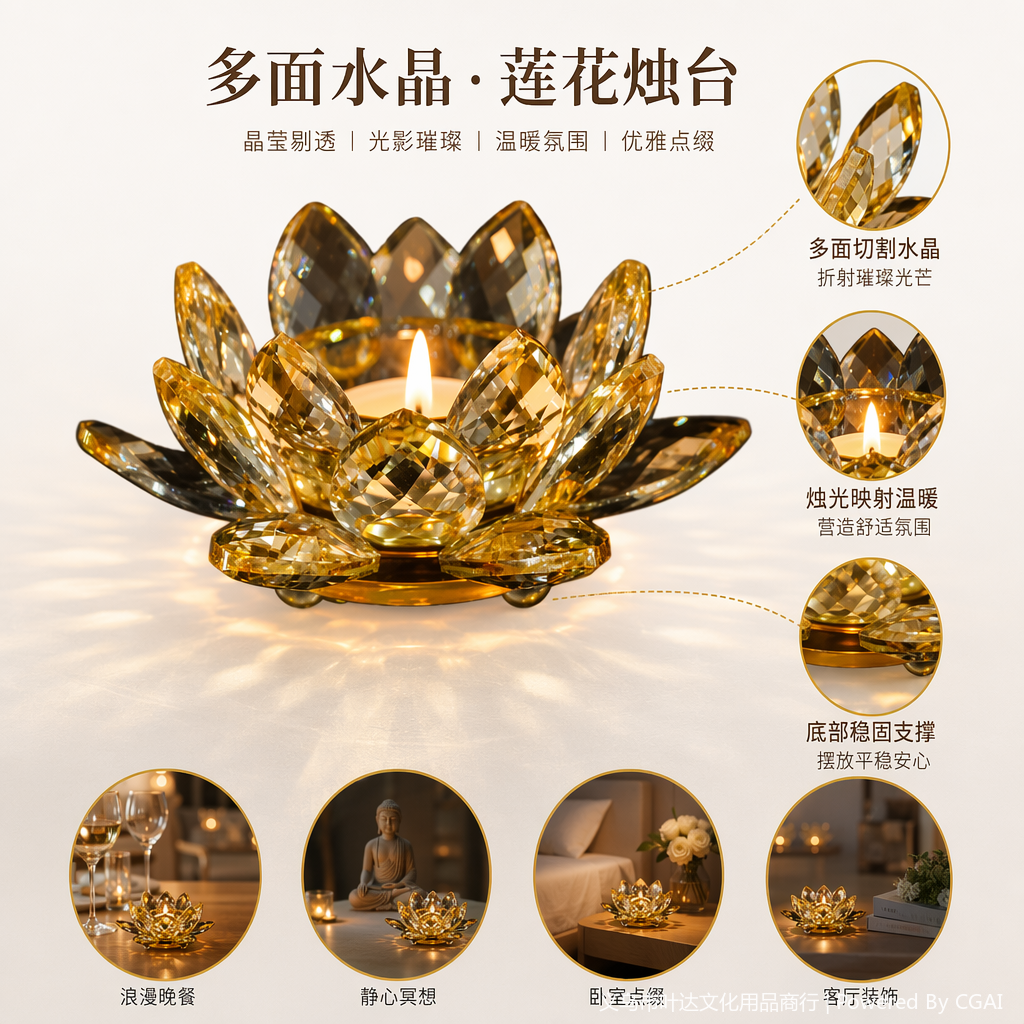 金色水晶莲花烛台 香氛蜡烛杯 欧式瓷器多支灯蜡烛器皿 泰国风