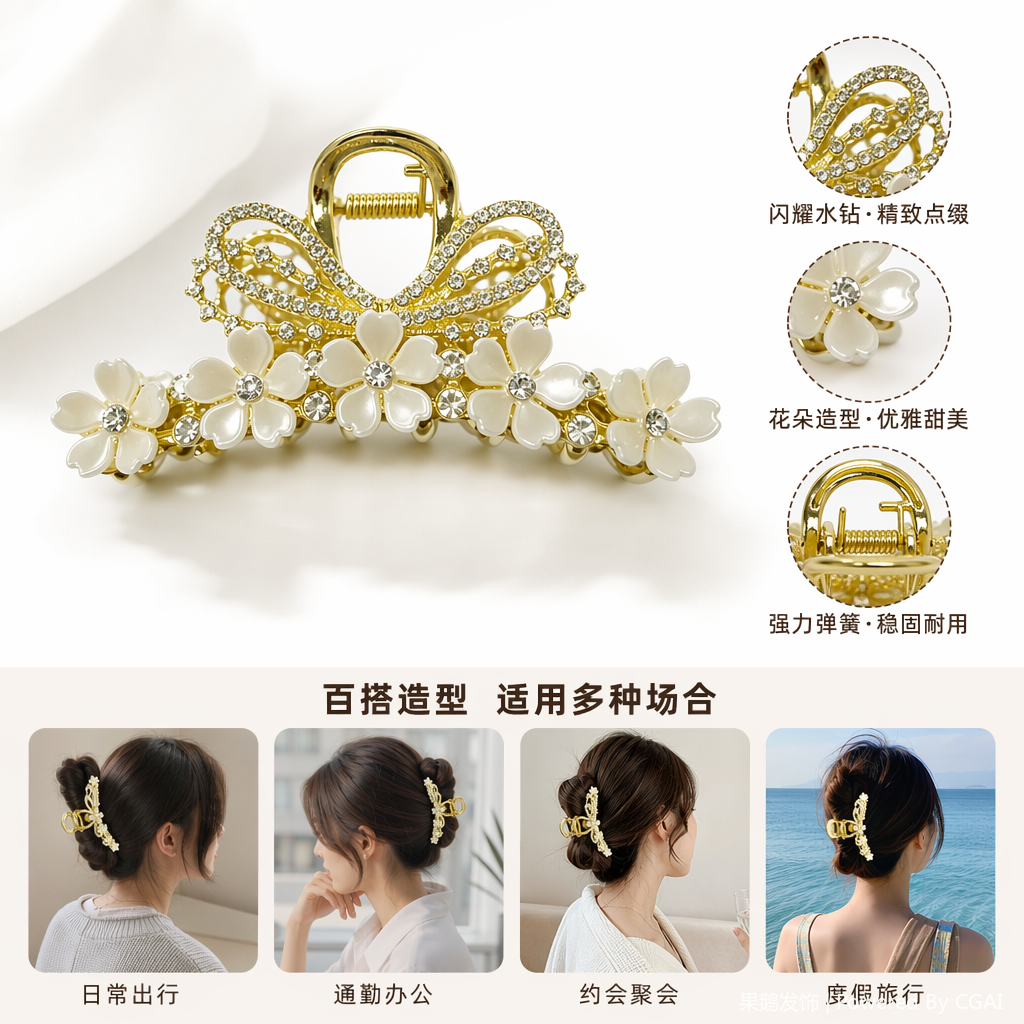 金色蝴蝶结花朵鲨鱼夹发饰 抓夹女款饰品