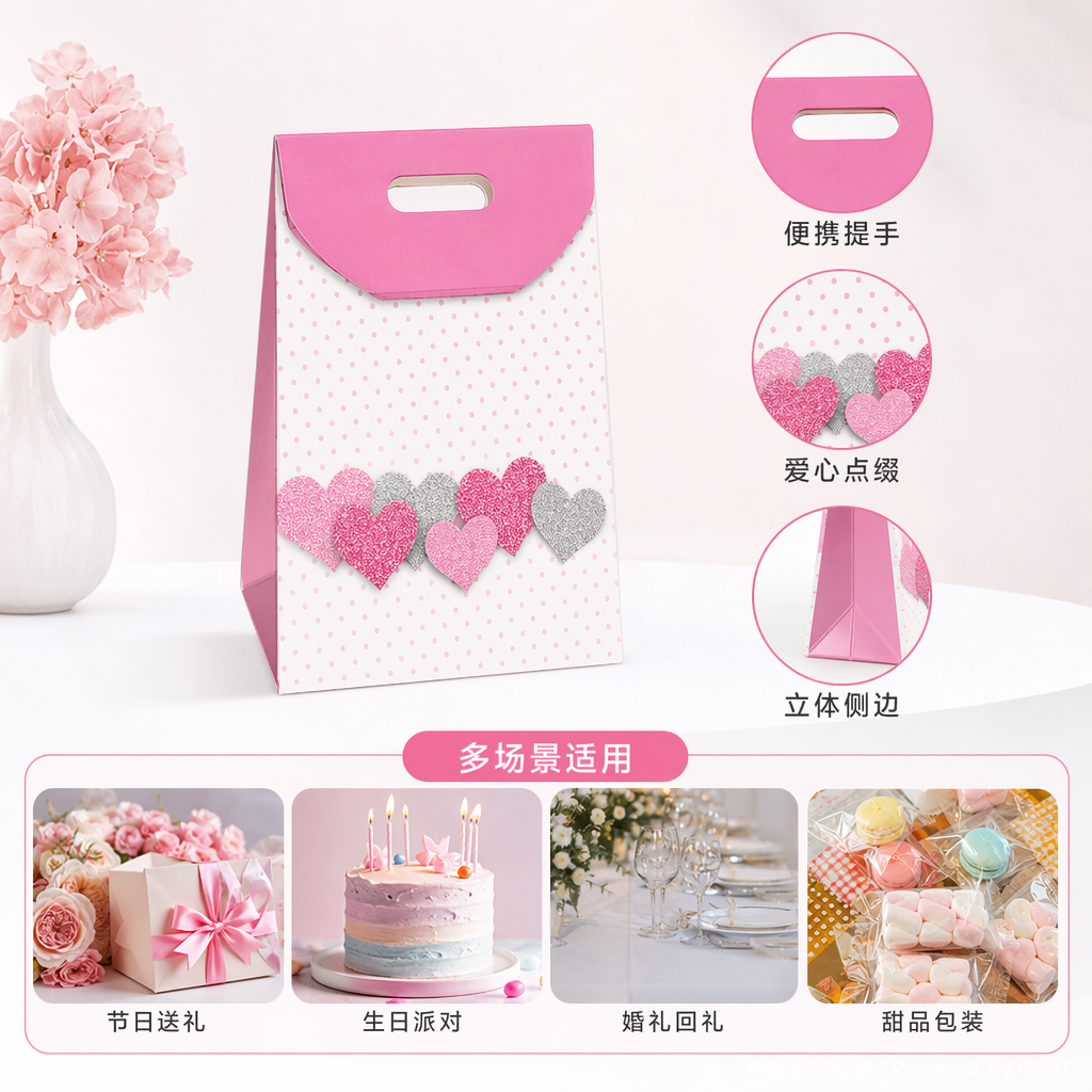 彩色心形图案礼品袋手提外卖袋纸制礼盒节日礼品包装纸跑步灯