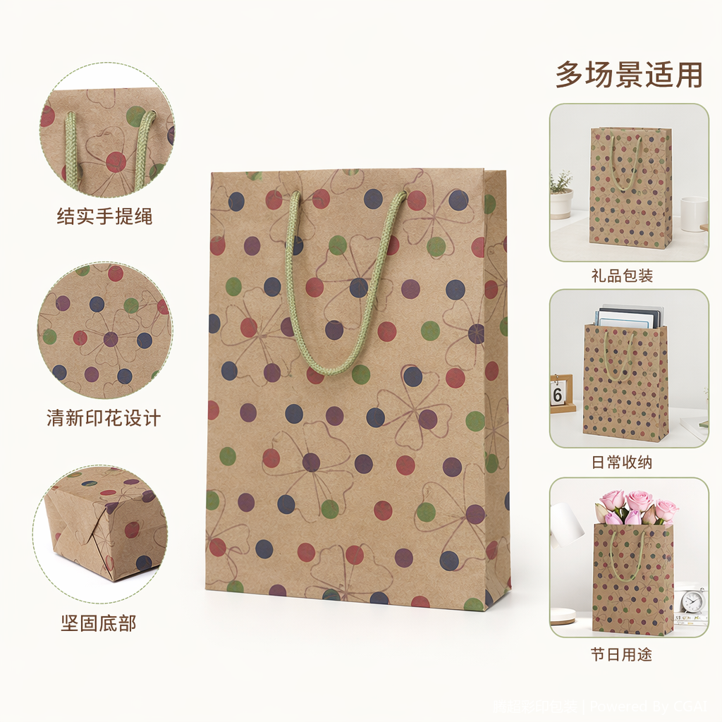棕色波点牛皮纸袋手提外卖袋礼品袋定制圣诞款